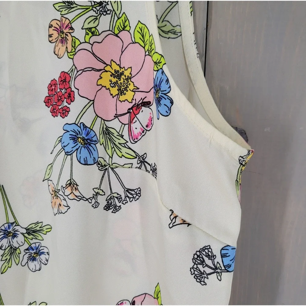Talbots Floral Sleeveless Blouse‎ Womens Large Cream Tie Front Keyhole Back